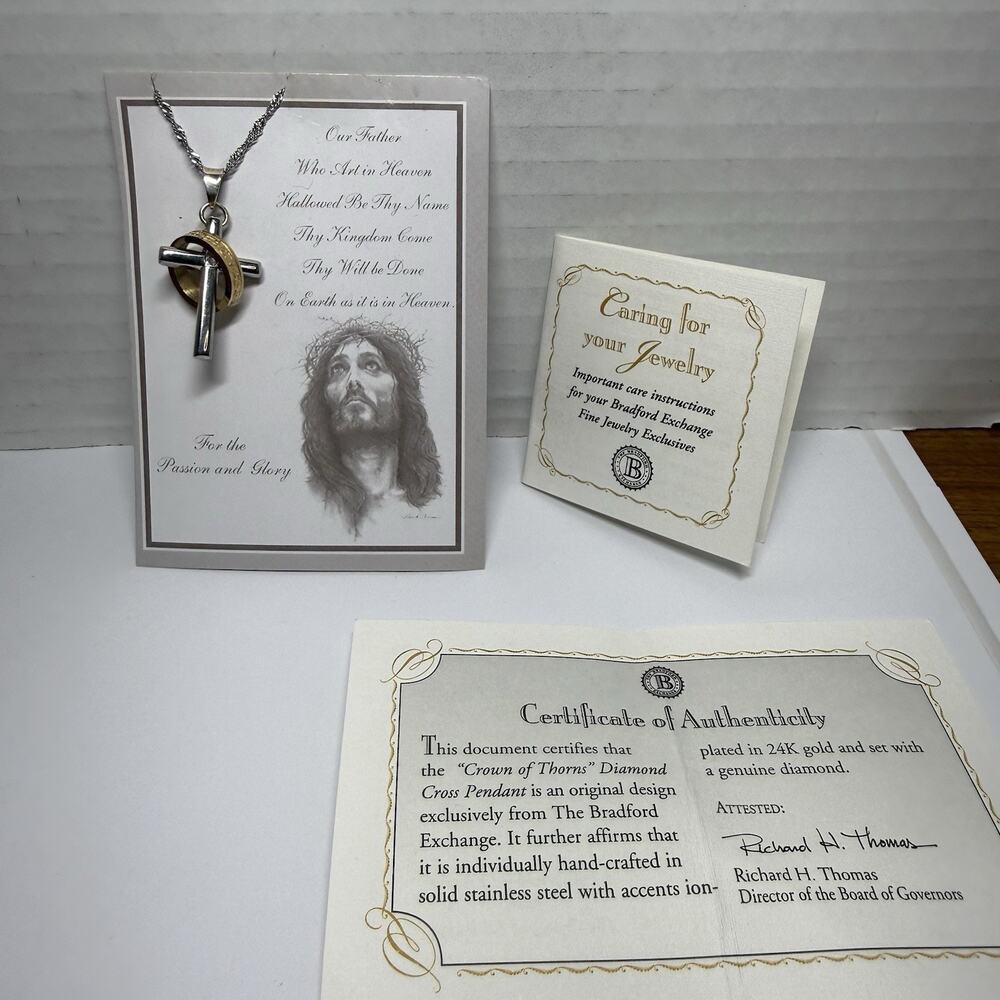 Crown Of Thorns Diamond Cross Pendant 24k Gold Plated Necklace